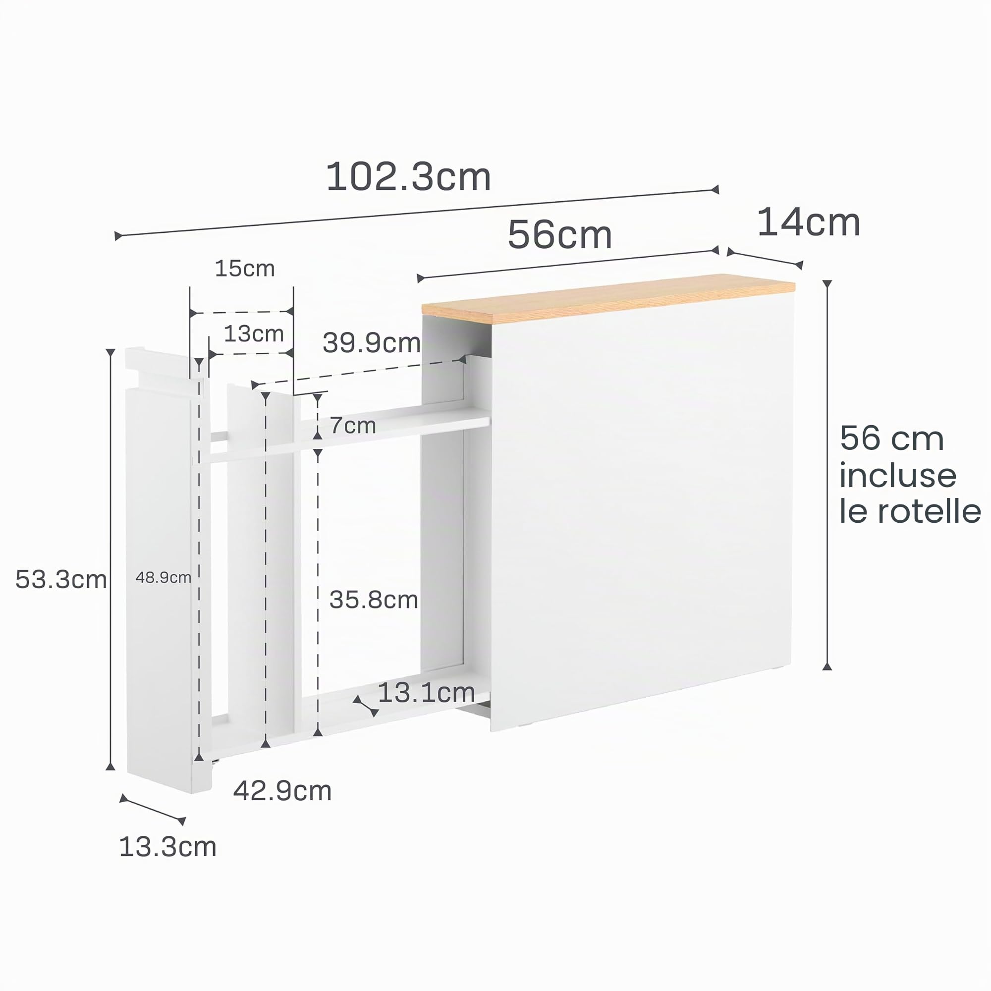 YAMAZAKI TOWER Scaffale estraibile con ripiano in legno e struttura in acciaio – stretto, organizer per bagno, WC, cucina, moderno – 56 x 14 x 55 cm, design giapponese, bianco