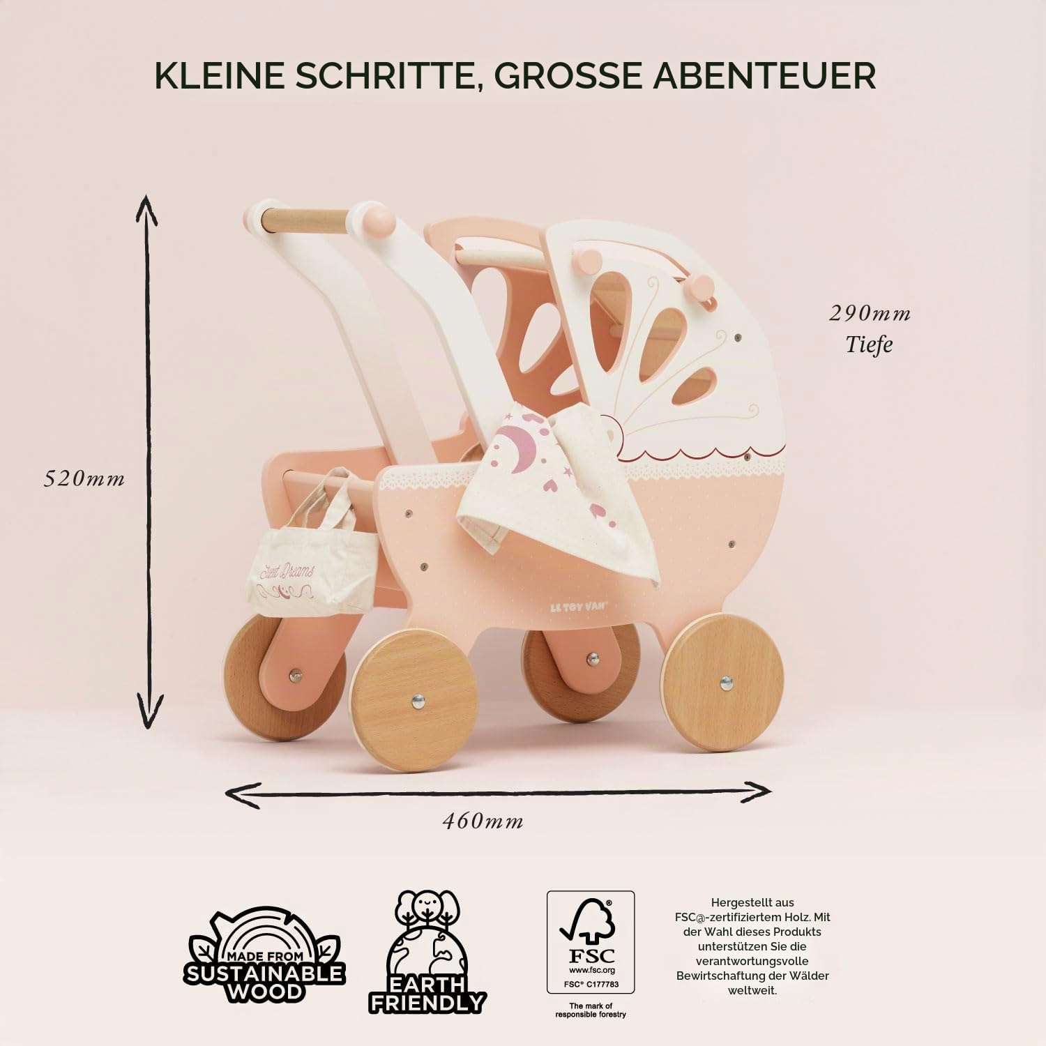 Le Toy Van – Pädagogisches Rollenspiel schöner Puppenkinderwagen „Süße Träume“ aus Holz | Für Mädchen & Jungen Rollenspiel Kinderwagen Spielset – Geeignet für Kinder ab 3 Jahren