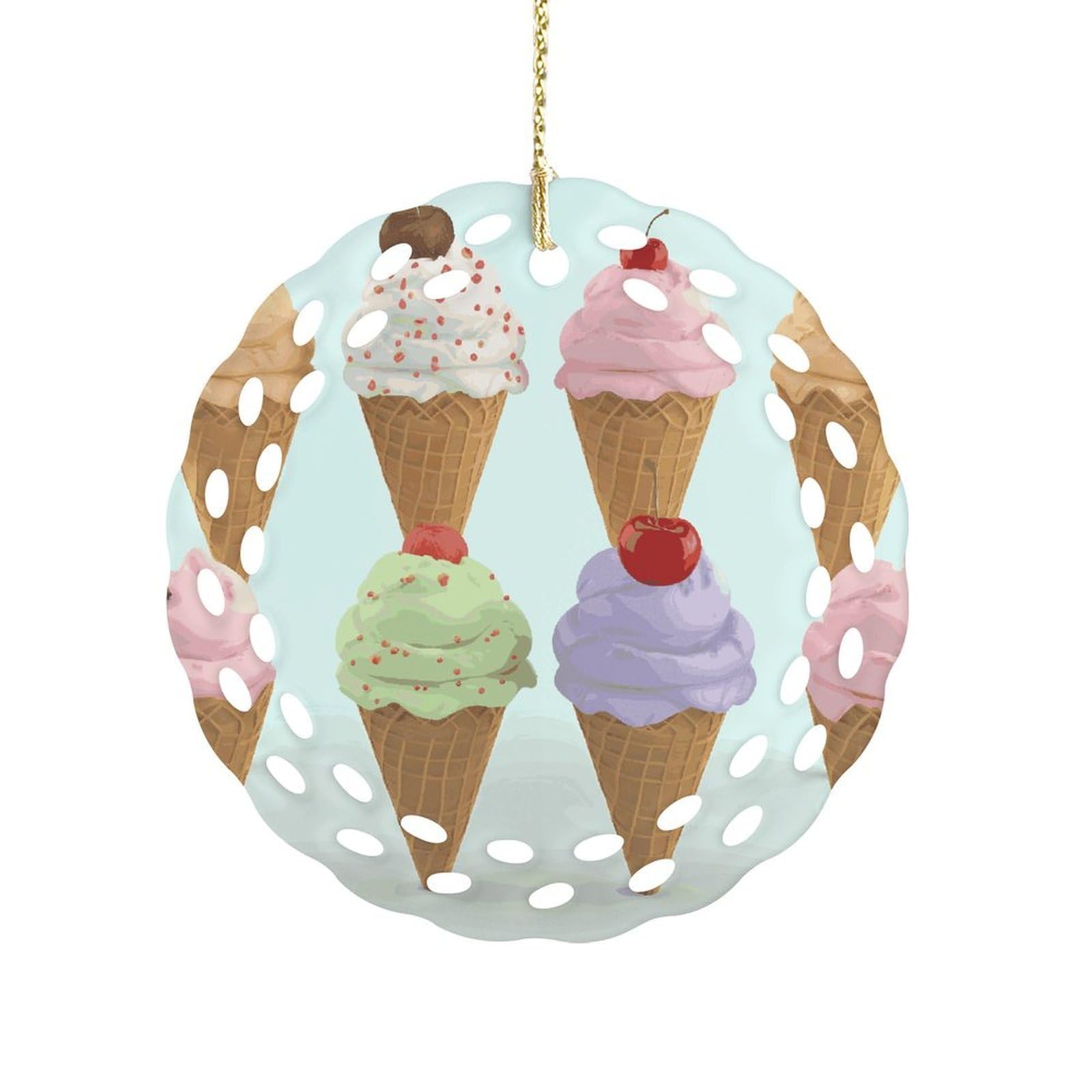 Btcowzrv Style Ice Cream Cones Ceramic Ornament,Round Ornaments With Hole Easy To Hang,Hanging Ornament For Wedding Party Home Window Garden Christmas Day Decor