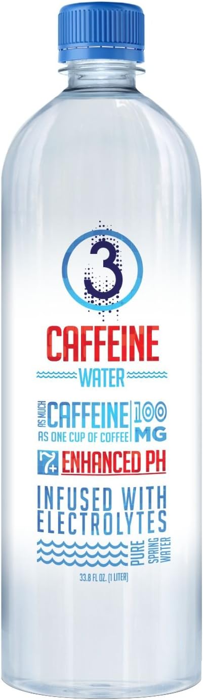 3 Water - 12 Pack 1 Liter - Caffeinated Water with Electrolytes & enhanced pH