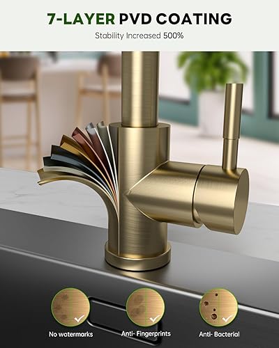 Miniatura 7 de BLYLUND Grifos de cocina con dispensador de jabón, grifo de cocina dorado cepillado con rociador desplegable 3 modos, grifos de fregadero de cocina