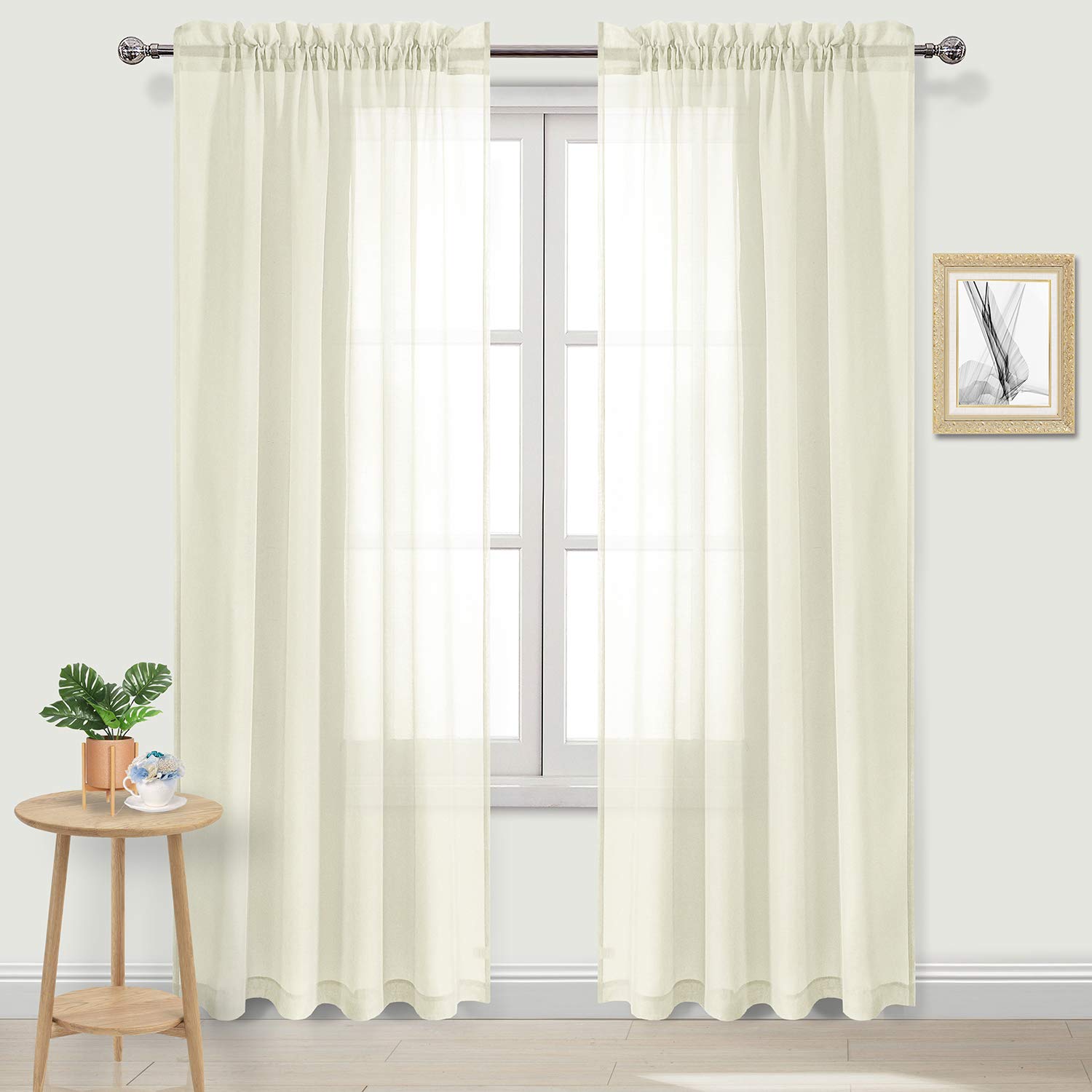 DWCN Ivory Sheer Curtains Semi Transparent Voile Rod Pocket Curtains for Bedroom and Living Room, 52 x 84 inches Long, Set of 2 Panels