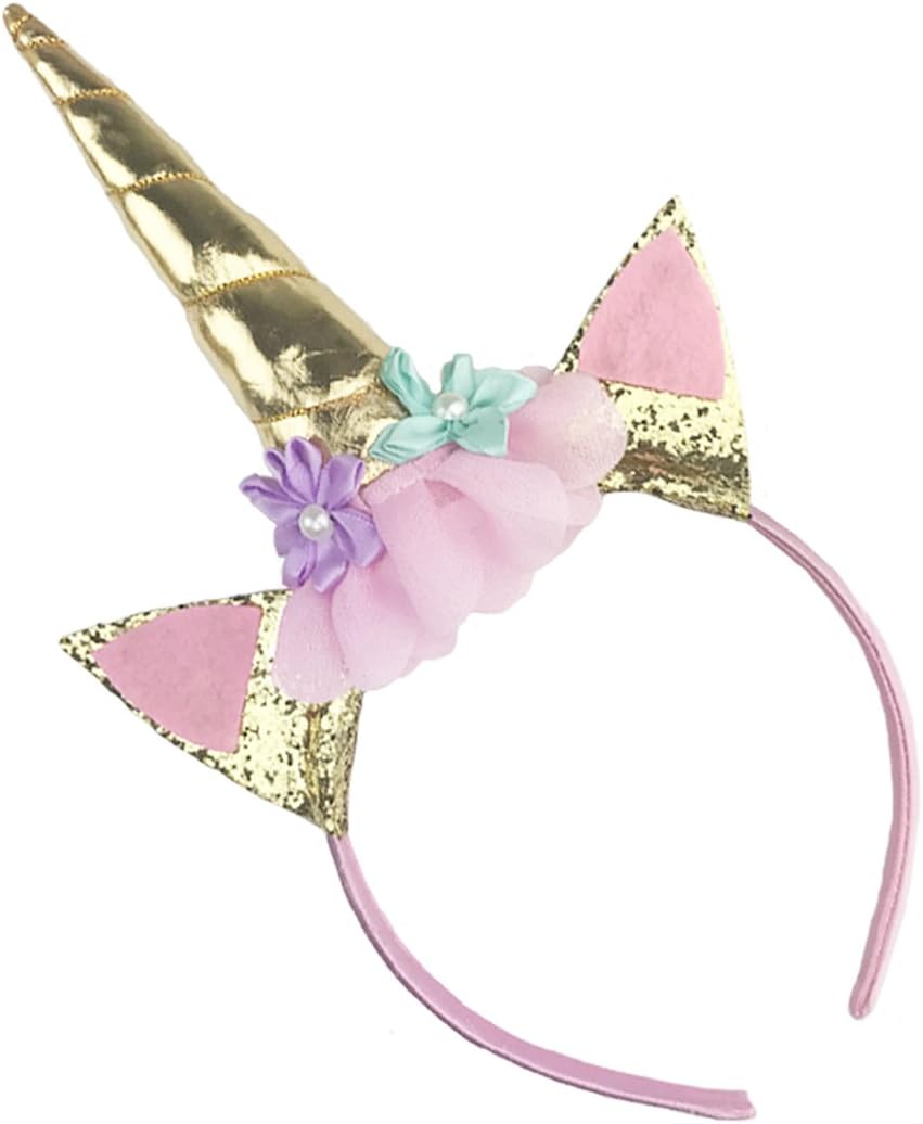 Unicorn Headband Horn Flowers Ears Headbands Gold Glitter Hair Hoop Girls Kids Party Decoration Headdress Cosplay Costume Headwear Halloween Makeup Spiral Crown Handmade Headpiece