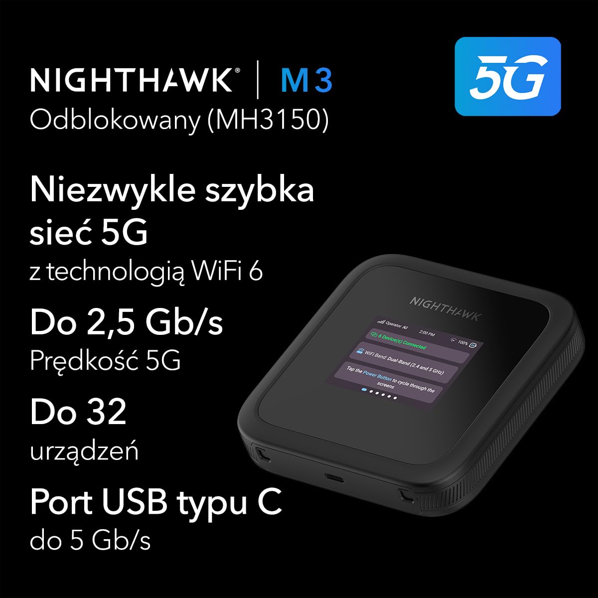 NETGEAR Nighthawk M3 — mobilny router 5G WiFi 6 z prędkością 2,5 Gb/s — odblokowane gniazdo SIM — punkt dostępu do sieci dla pracy i domu — 5G/4G — AX3600, obsługuje 32 urządzenia (MH3150)