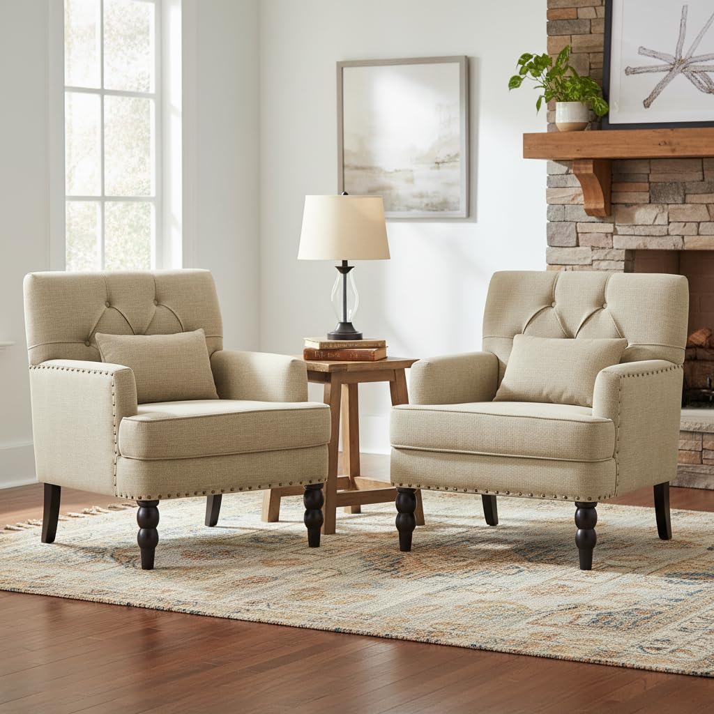 HUIMO Tufted Club Chair Set of 2 with Lumbar Pillow,Accent Chair Upholstered Button Armchair, Linen Fabric Sofa Chairs for Bedroom, Living Room, Mid Century Modern Reading Chair,Brown