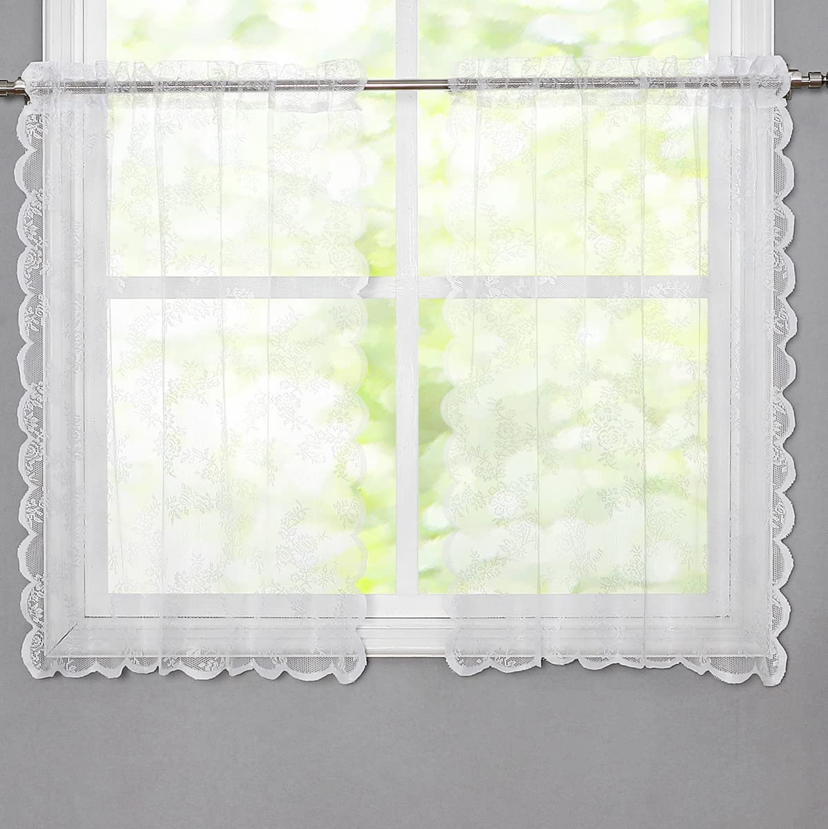 Grey Lace Kitchen Curtains 36 inch Length European Floral Lace Sheer Cafe Tier Curtains for Living Room Bedroom Floral Embroidered Light Filtering Rod Pocket Drapes for Basement Bistro, 28"w 2 Panels