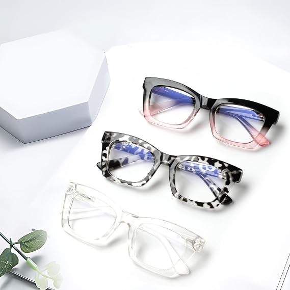 3 Pack Reading Glasses Women's Blue Light Filter Glasses Spring Hinges Computer Glasses Oversized Square Reading Glasses