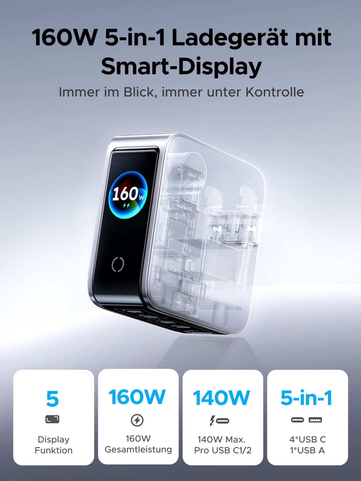 UGREEN Nexode Pro 160W USB C Ladegerät, Kompaktes 5-Port GaN Netzteil mit Smart Display, Touch Control, Laptop Schnellladegerät PD3.1, kompatibel mit MacBook Pro/Air/Neo, iPhone 17, Galaxy S26, iPad