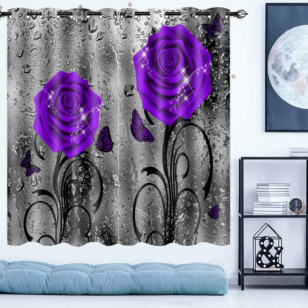 EOTDMS Purple Rose Curtains 63 inch Length Purple Floral Raindrops Gray Art Blackout Curtains for Living Room Bedroom Thermal Insulated Drapes 42x63