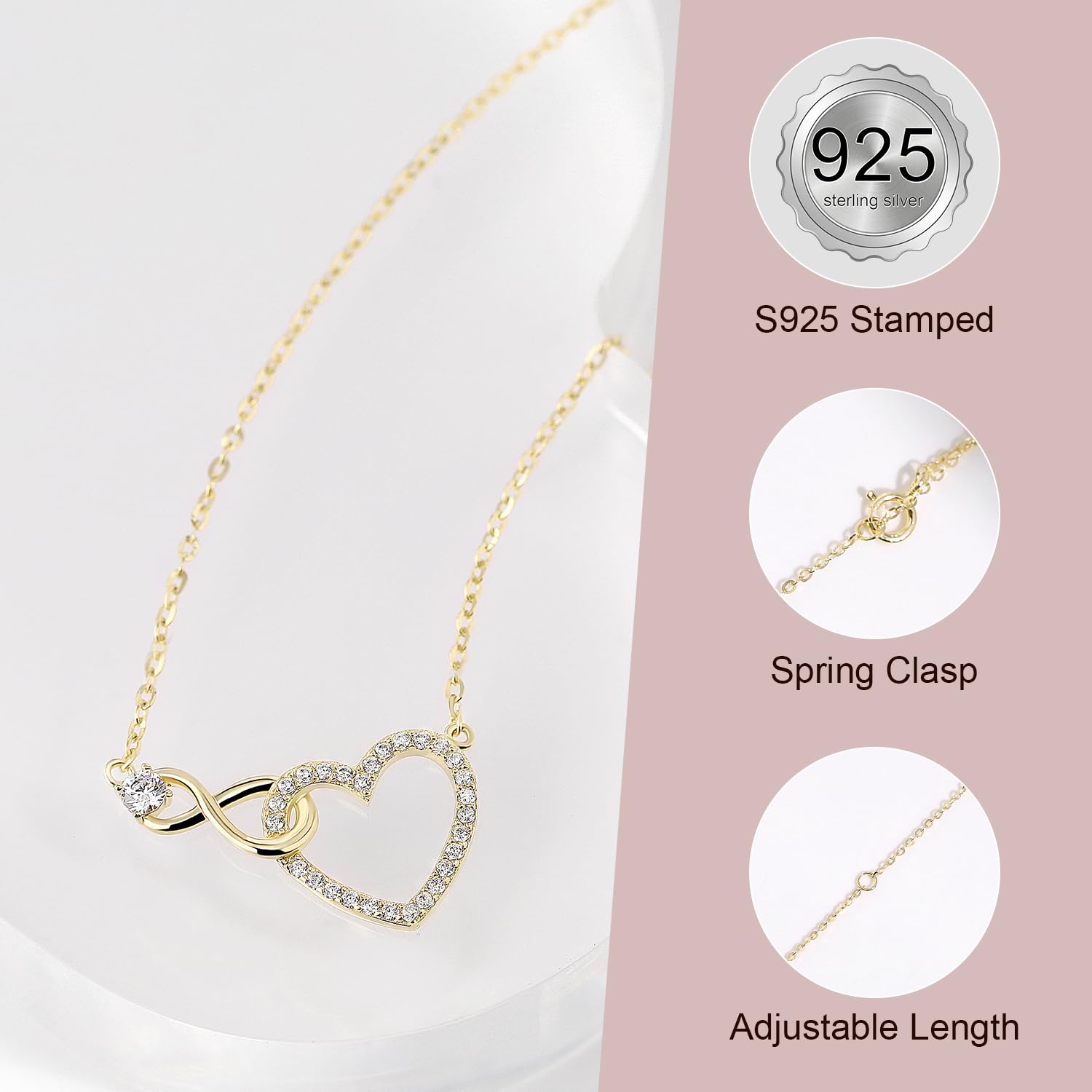 Meissa Herzkette Unendlichkeit Damen Halskette 925 Sterling Silber Vergoldet Herz Kette Infinity Anhänger Romantische Liebe Geschenk für Frauen Freundin Sie Geburtstag Valentinstag Jahrestag