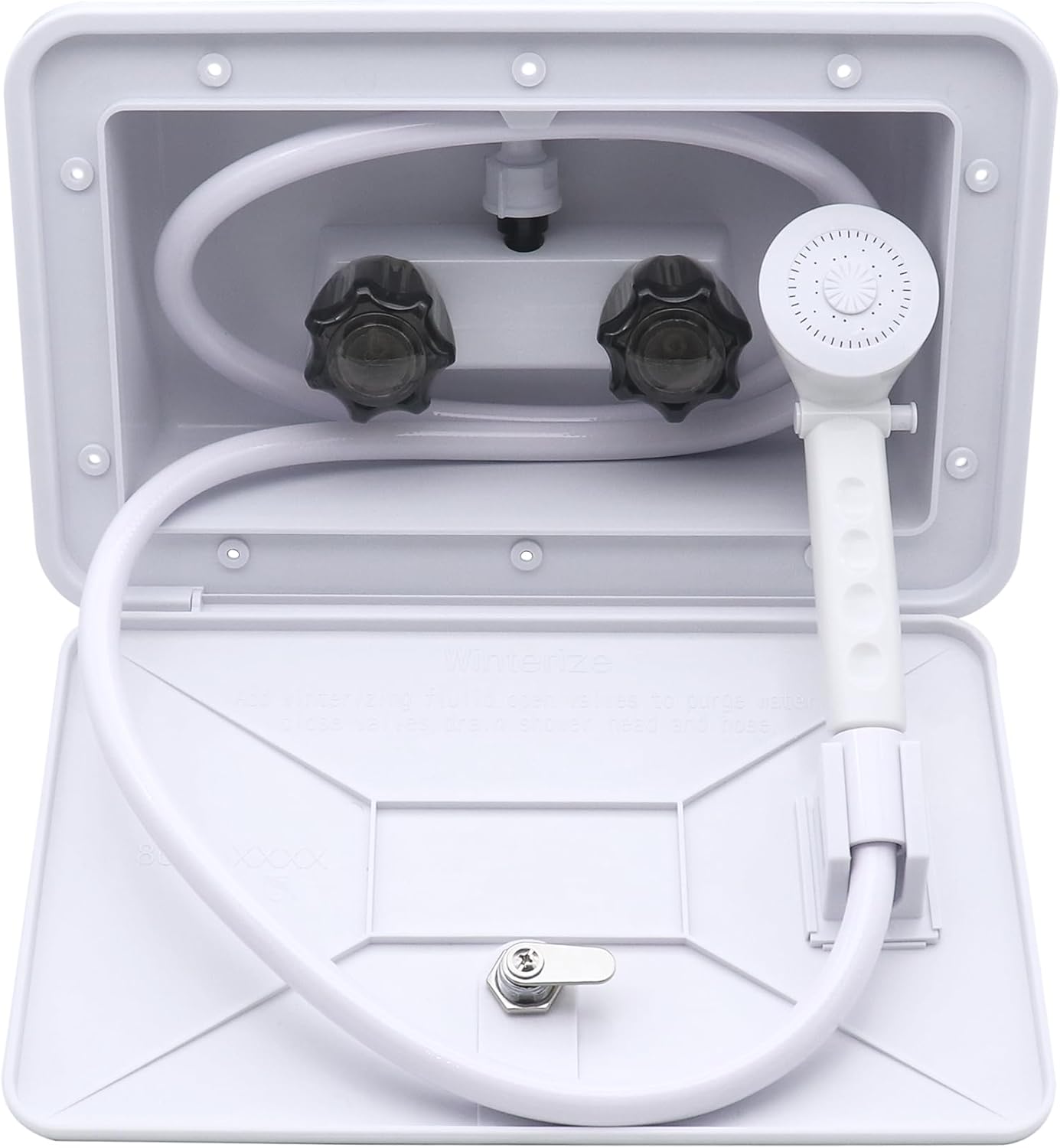 RV Exterior Shower Enclosure Box Kit Lockable System with 2.5 GPM Shower Head and 59-Inch Length Rustproof Hose Portable Outdoor Faucet Replacement for Camper Van Motorhome Trailer(White)