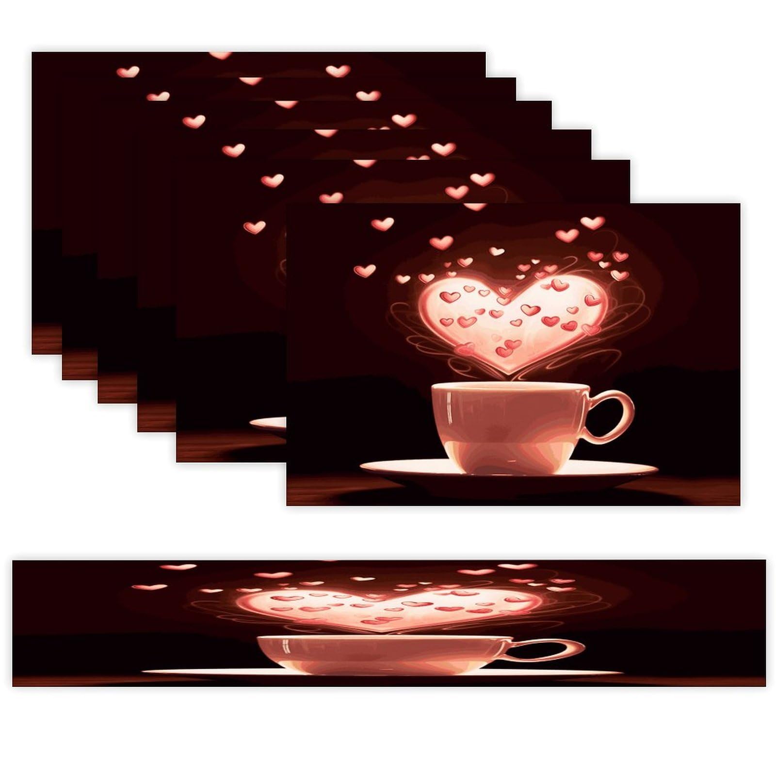 Heart Cup Table Runner and Placemats Set of 6 Modern Art Table Runners Table Mats Heat Resistant Non-Slip Place Mats Washable Linen Dining Mat Sets for Kitchen