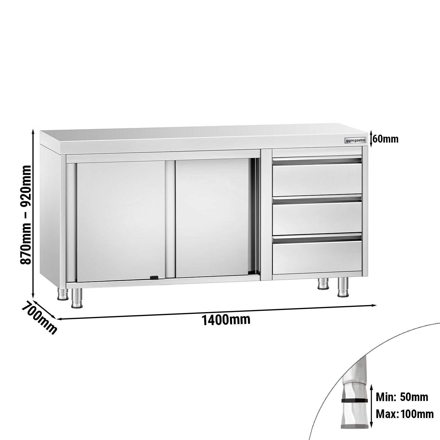 GGM Gastro | ASK147R3 | Edelstahl Arbeitsschrank PREMIUM - 1400x700mm - mit 3 Schubladen rechts