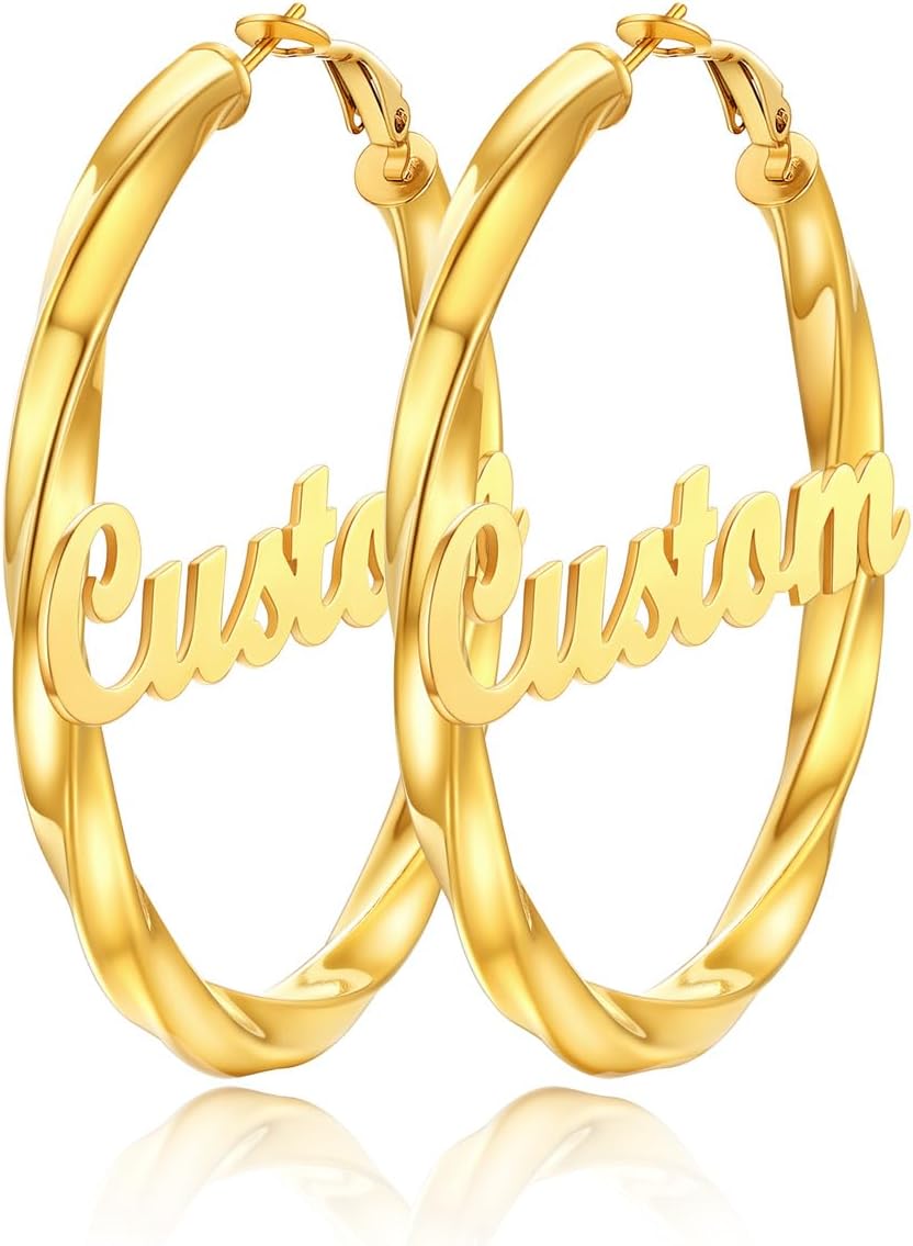 FindChic Twisted Hoop Earrings for Women, Silver/Black/14K Gold Plated Hypoallergenic Hollow Tube Rounded Loop Earrings, 30mm/40mm/60mm/80mm Hoops with Custom Name Options and Gift Box