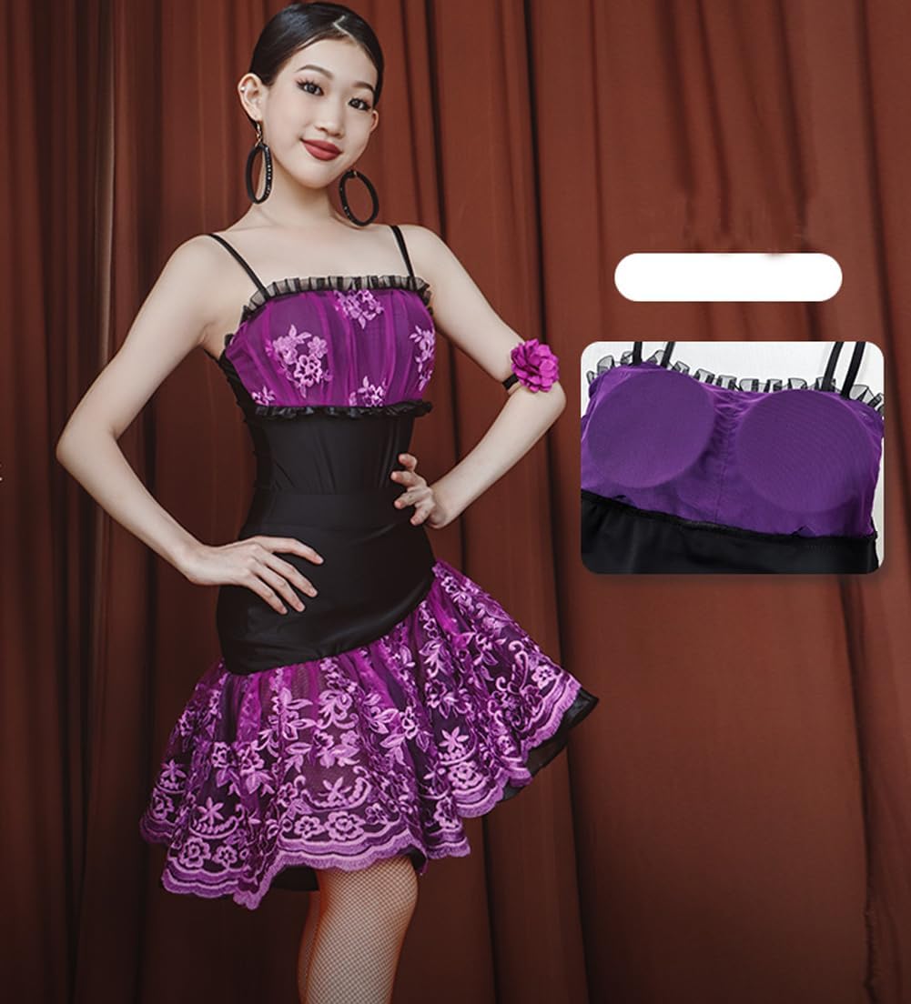 RIKOUZY] 2点セットラテンダンス衣装 紫 刺繍レース テープ裾 キャミ