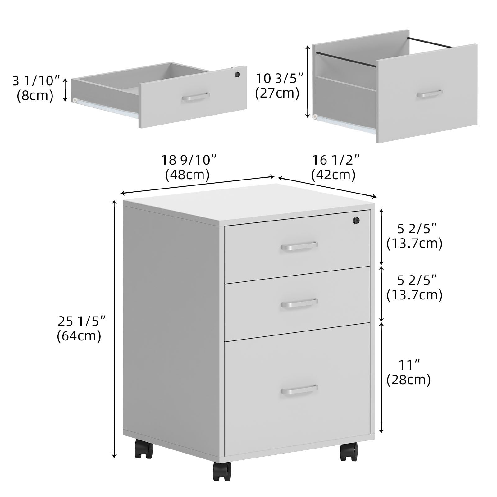 SogesHome Mobilny schowek na biurko z 3 szufladami, szafka na dokumenty na kółkach, zamykana skrzynka do przechowywania, meble biurowe, wzornictwo przemysłowe, 48 x 42 x 65 cm