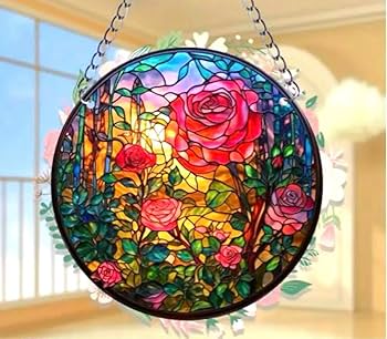 ✮大きめ✮ ステンドグラス　壁掛け　吊り下げ金具付き　バラ　ハンドメイド ✮大きめ✮ ステンドグラス 壁掛け 吊り下げ金具付き バラ