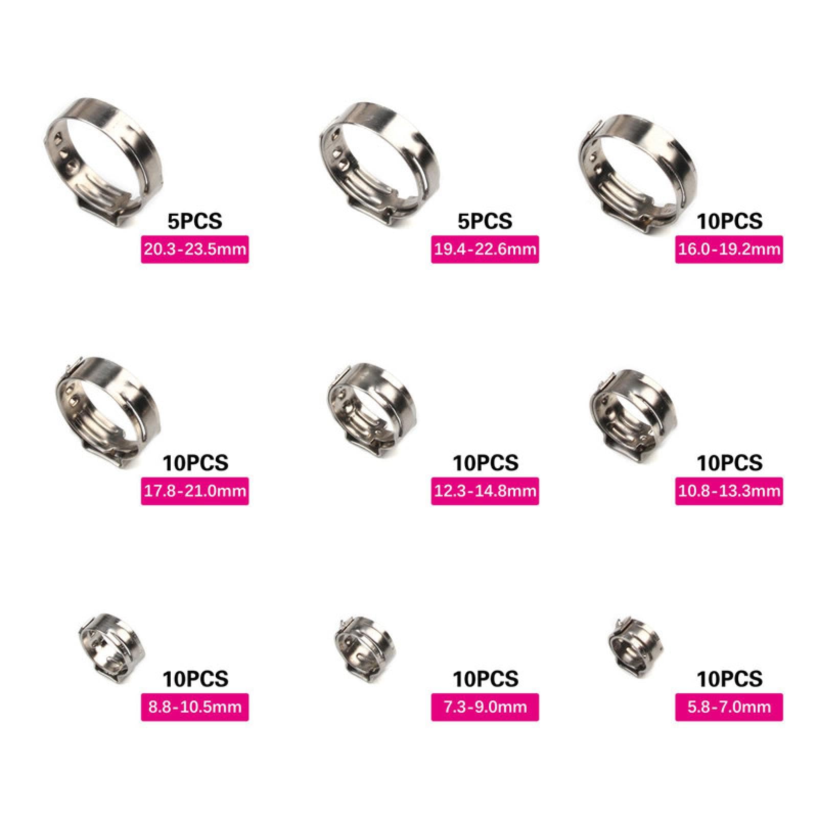 Abrazaderas de manguera de una sola oreja, sin escalonamiento, de acero inoxidable 304, de 5,8 a 23,5 mm (45 unidades con alicate), 45/80 unidades