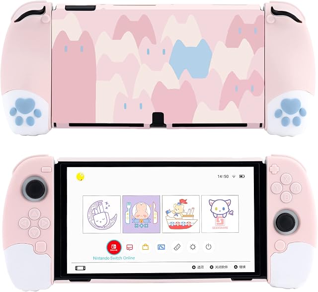 GeekShare Cute Cat Paw Ergonomic Protective Case Cover Compatible with Nintendo Switch OLED Console and Joy-Con, Shock-Absorption and Anti-Scratch Slim Cover Skin for Switch OLED Model- Pink