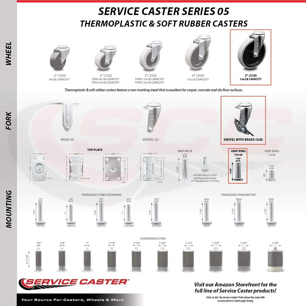 5 Inch Swivel Thermoplastic Rubber Caster Wheels and 7/16 Inch by 1-3/8 Inch Grip Ring Stem Caster and Brake - 520 lbs. Total Capacity - Set of 4 - Service Caster Brand