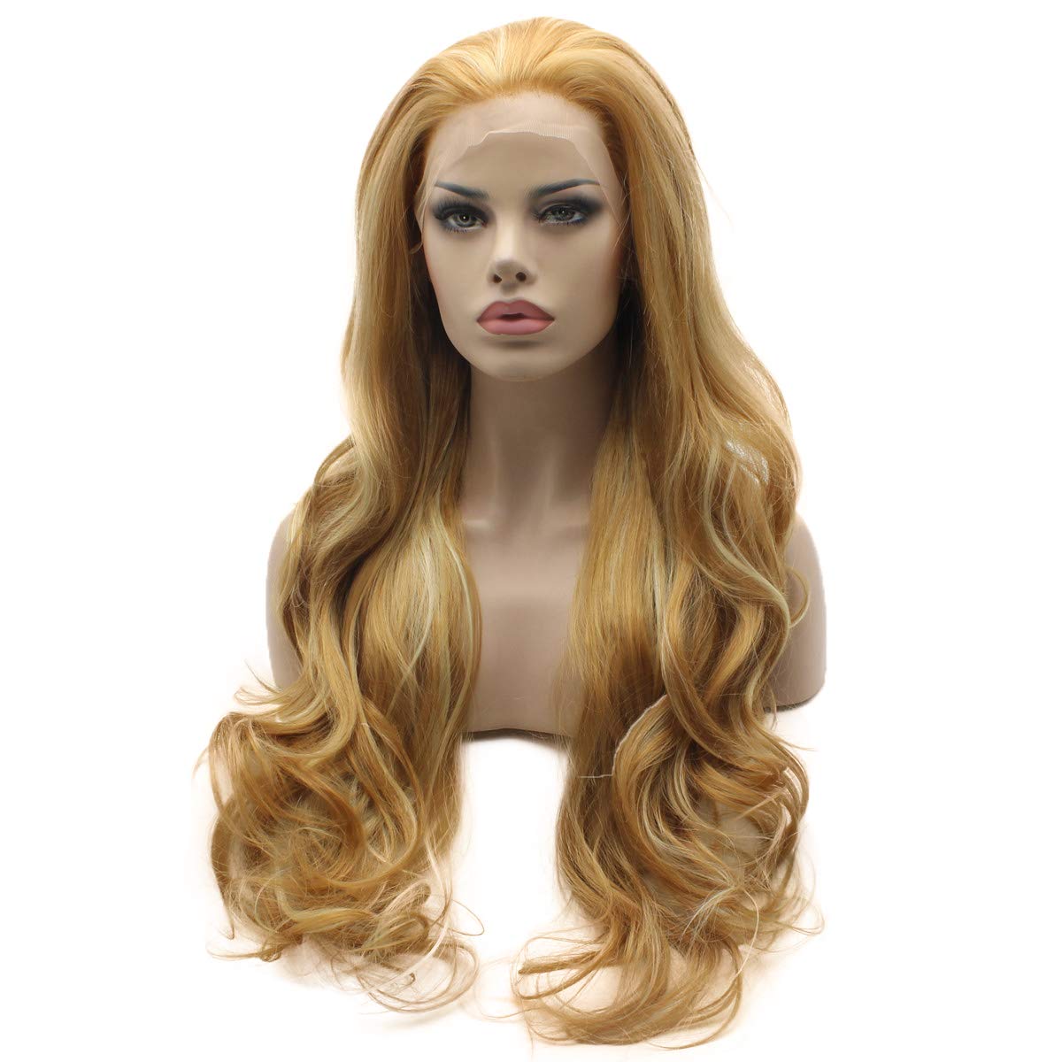 Lushy Wavy Long Honey Blonde Light Blonde Mix Wig Full Density Half Hand Tied Heat Friendly Synthetic Lace Front Wig