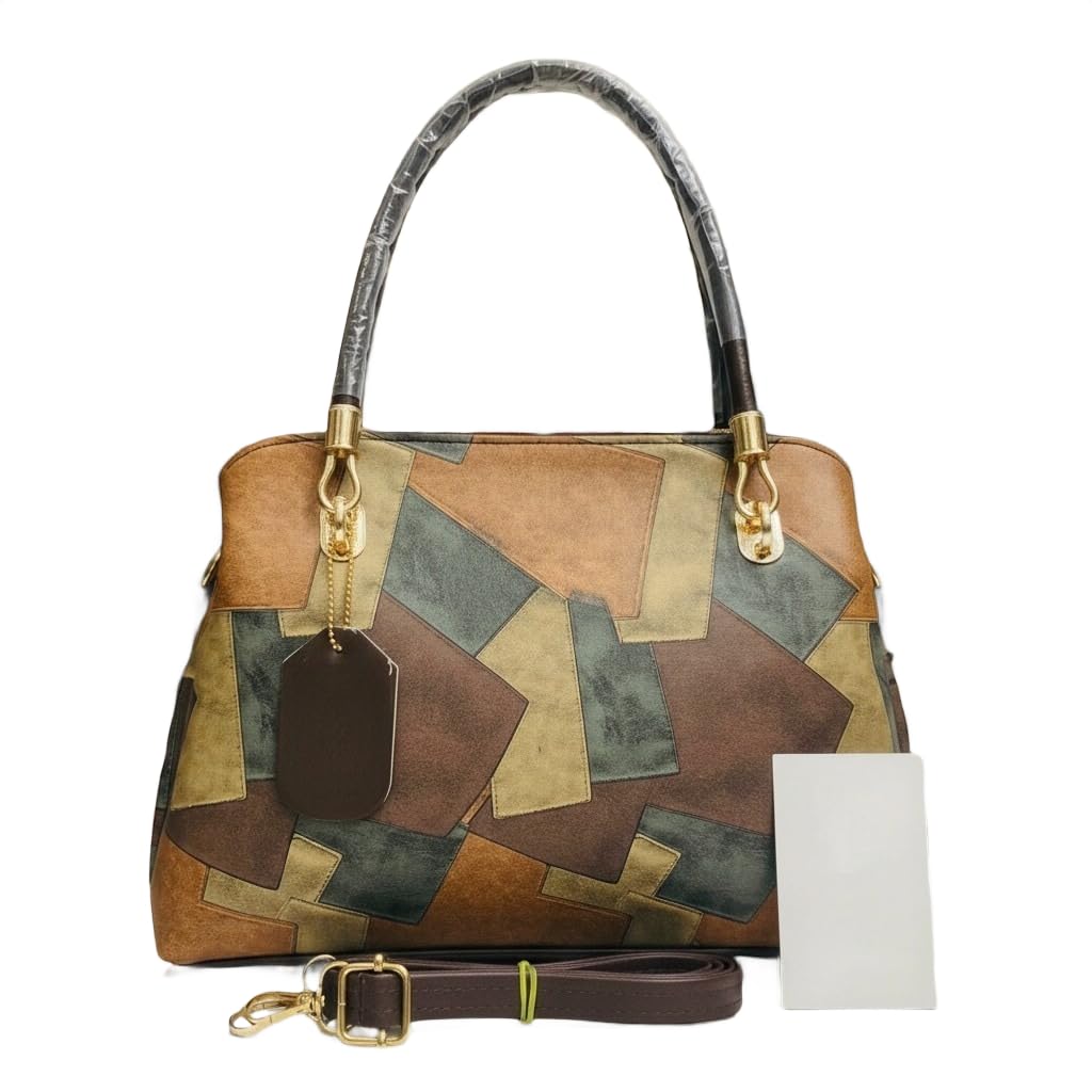 Multicolor Patchwork Handbag, Geometric Pattern, Pink Handles, Gold Hardware-image-31