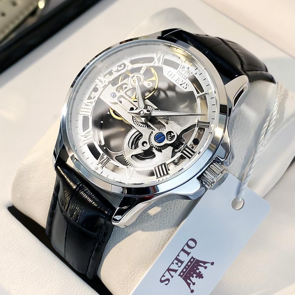 OLEVS Unique Skeleton Automatic Watches for Mens Black Brown Leather Strap Wrist Watches Fashion Luxury Dress Mechanical Male Watch Luminous Waterproof - Image 2