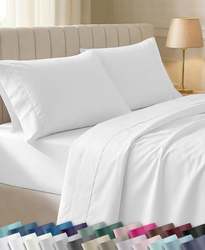 California Design Den Sábanas suaves 100% algodón tamaño Queen con bolsillo profundo, 4 piezas | 400 hilos respaldados por el sello Good Housekeeping, bolsillo de 16" de profundidad, elástico integral, fácil cuidado, juego de 4 piezas - blanco antiguo