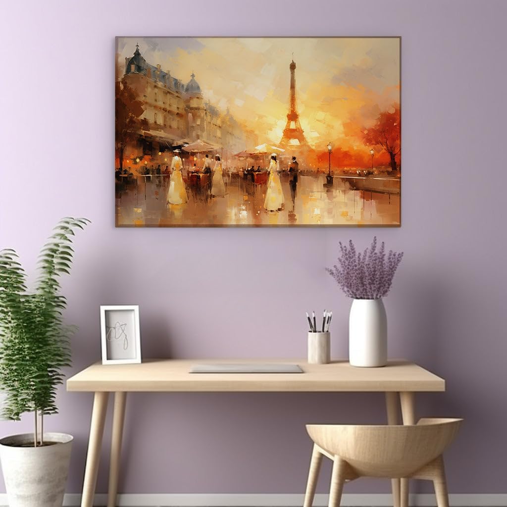 Canvas for Living room. Dusk Over Paris: A Warm Embrace of Color and Romance, 27 x 18 inch Canvas Wall Art - Contemporary Masterpieces - Modern Home Decor