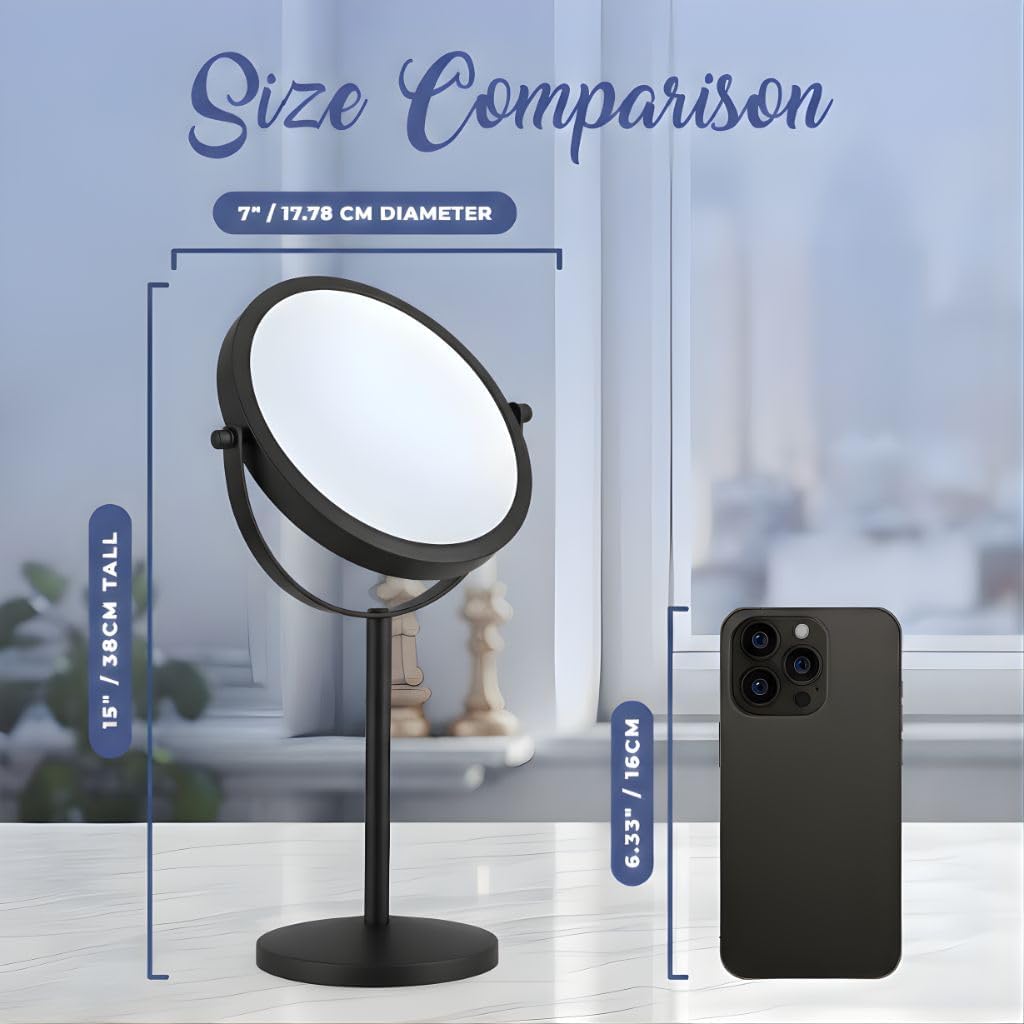 MIRRORVANA 10X Magnifying Makeup Mirror on Round Stand for Tabletop, Bedroom Vanity Desk and Bathroom Counter - Free Standing Double Sided 10X/1X Magnification Mirror - 7" Wide and 14" Tall (Black)