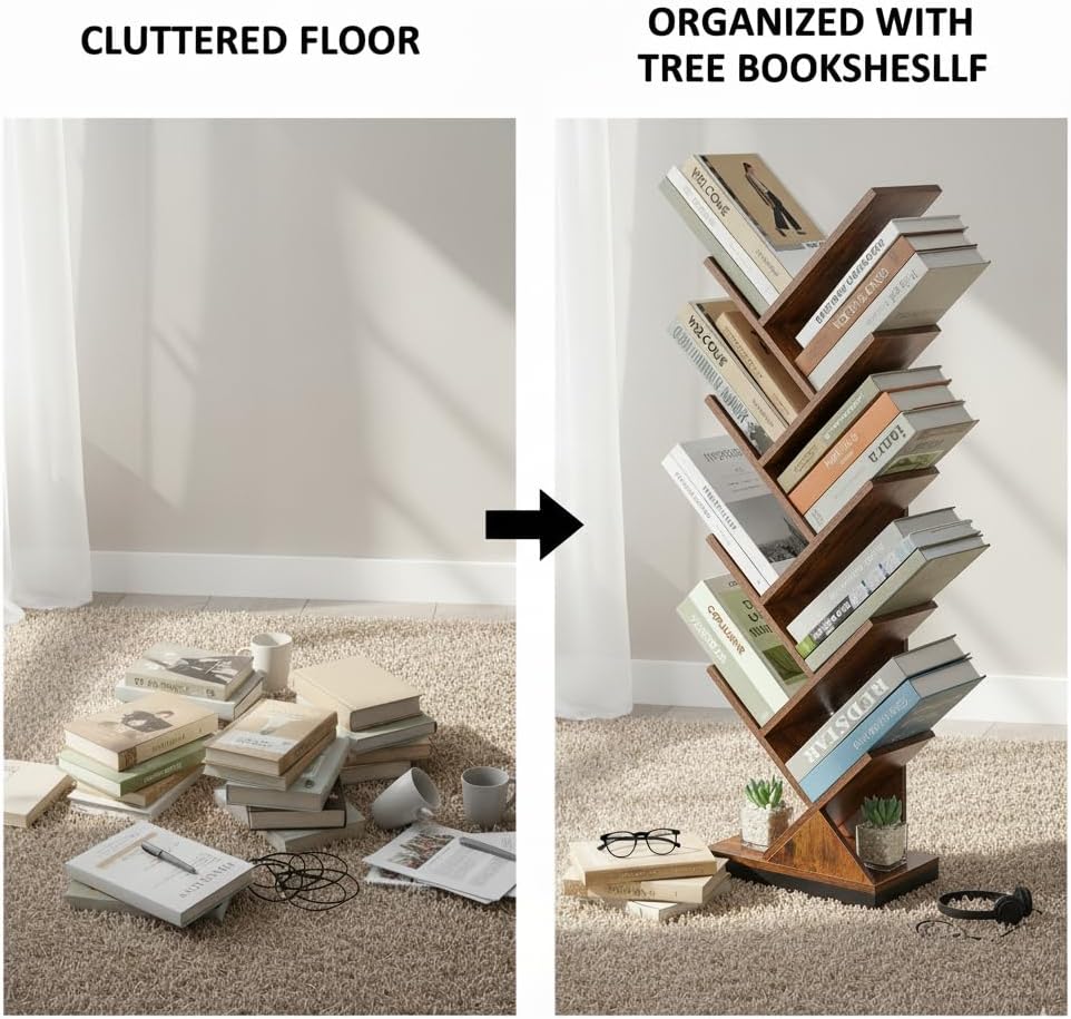 ruboka 9 Tier Tree Bookshelf, 9 Shelf Floor Standing Bookcase Display for CDs/Magazine/Books, Retro Bookshelf for Bedroom, Living Room, Office,Balcony,Book Organizer Storage Shelves