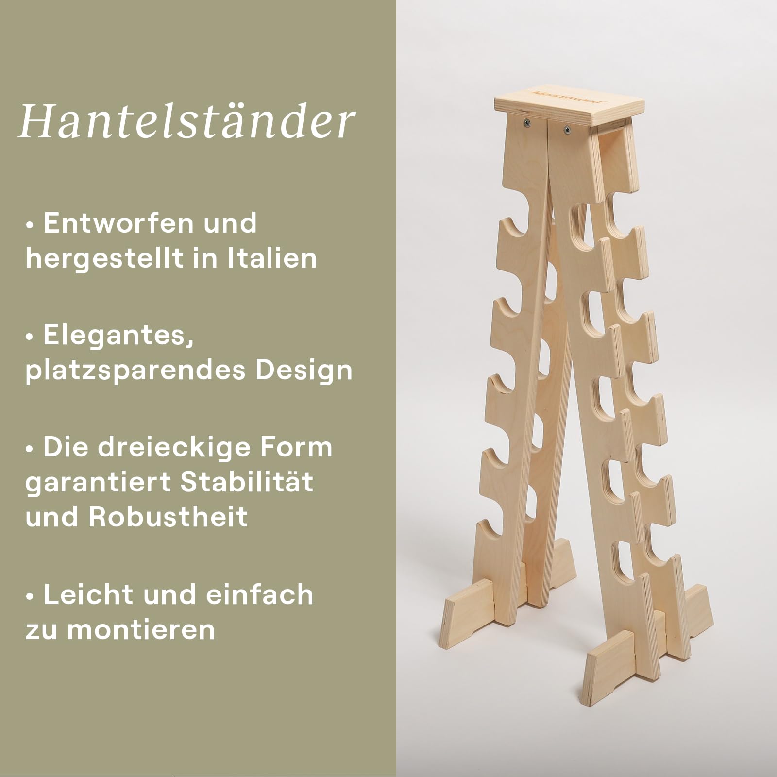 Meanswood Hantelständer Holz – Hantelablage für Zuhause, Kurzhantel Regal, Hantelhalterung aus Holz für bis zu 10 Hanteln (90 kg Max.) - Made in Italy