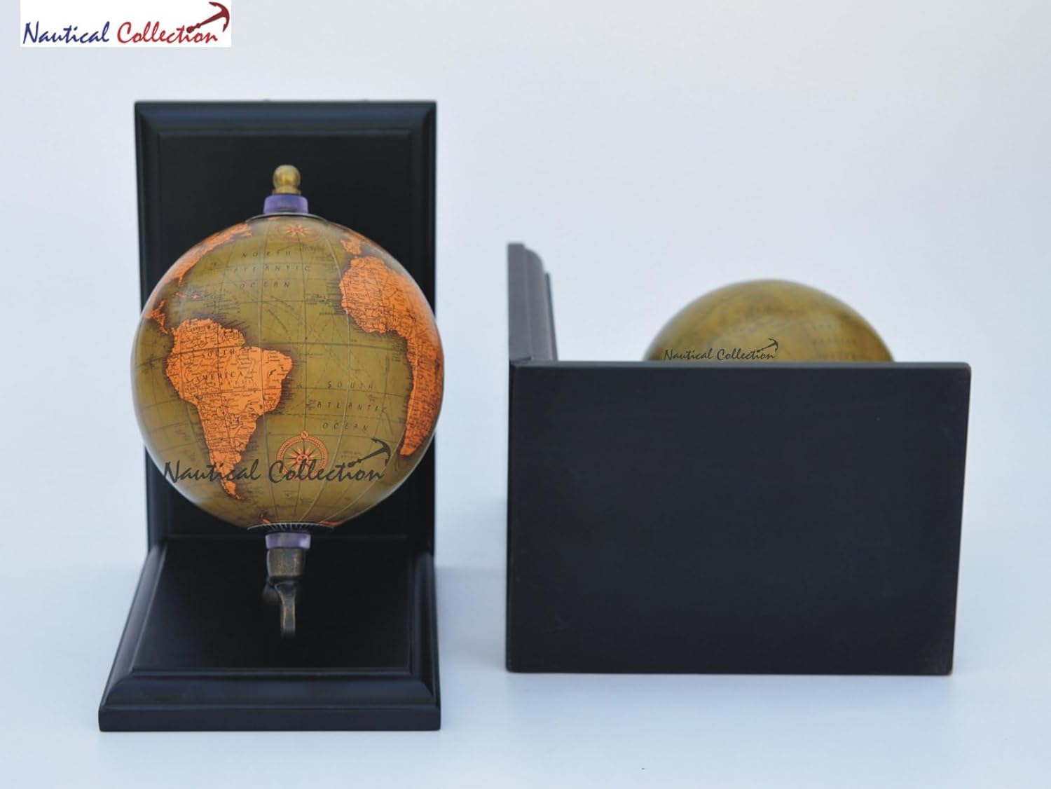 NAUTICAL COLLECTION | Decorative Globe bookends for Office, Kitchen, Living Room, Home Décor and Gift Item,Book Selves Holder Wooden Style Bookends Black