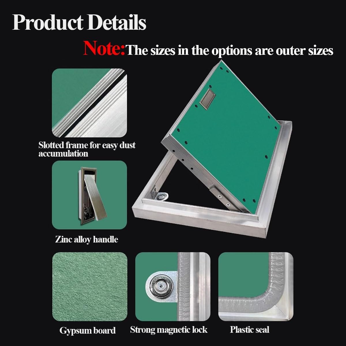 Product details showing handle, magnetic lock, and gypsum board