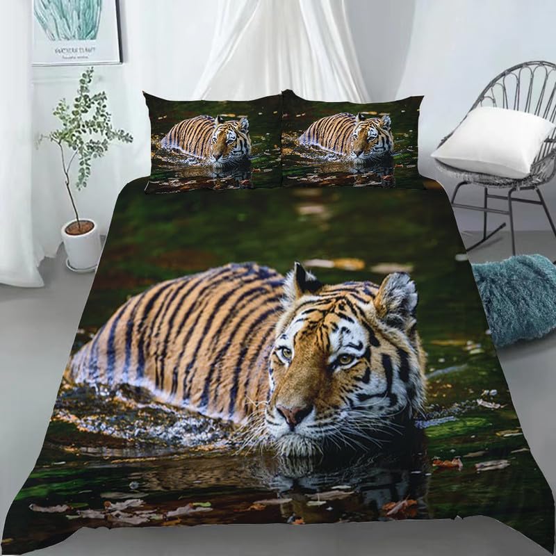 Parure de lit tigre vert pour chambre d'enfant : housse 90x190 et taie en microfibre