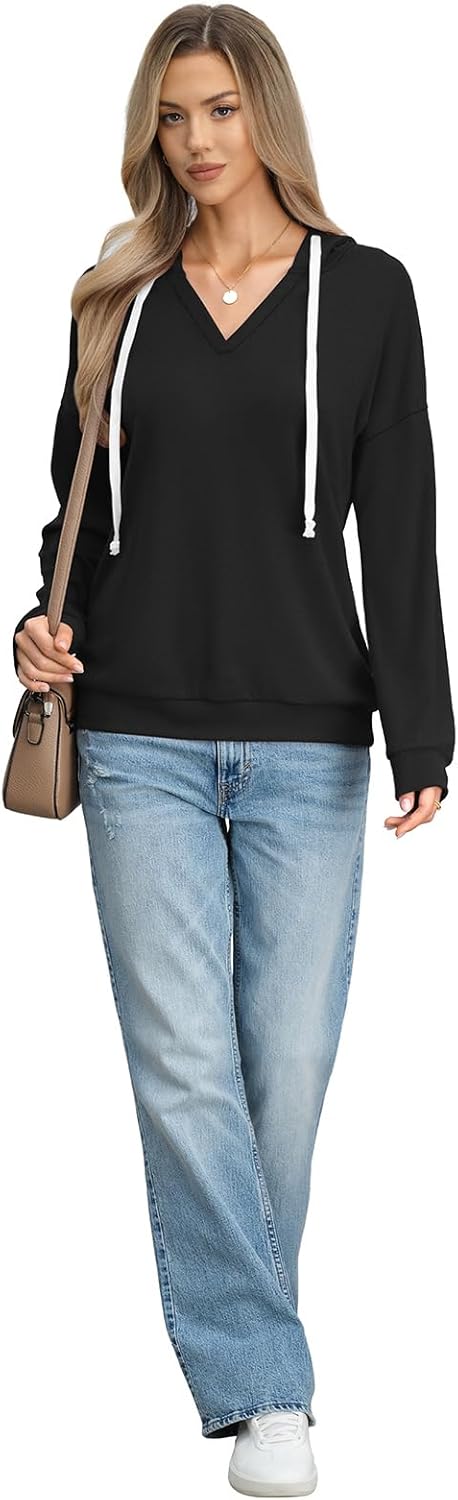 Womens V Neck Hoodie Lightweight Long Sleeve Sweatshirts Casual Loose Drawstring Pullover Fall Fashion Top 2026 - Image 6