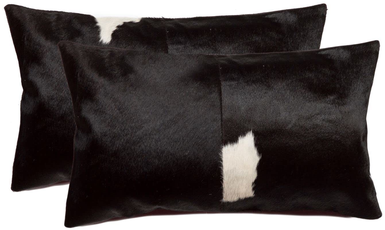 Set of 2, Natural Torino Cowhide Throw Pillows with Poly Insert | Kobe Accent Pillows Handcrafted from 100% Cow Hide, Black & White, 12 in x 20 in