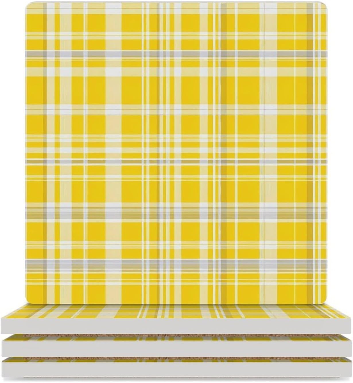 Yellow White Plaid Coaster for Drinks Square Ceramic Table Coasters Stone Mat Crafts 4PCS Home Kitchen Decor