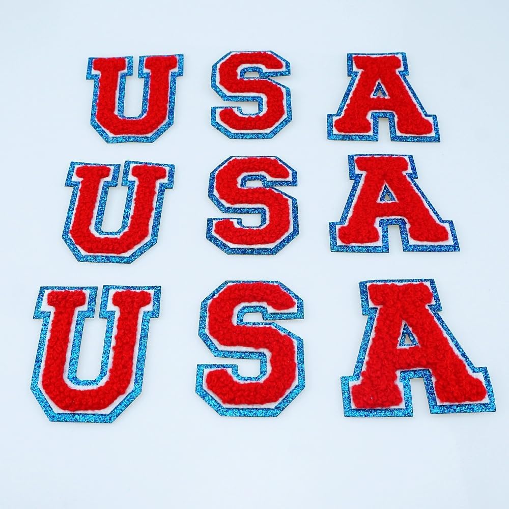 2.17 inch 9 PCS USA Patch Patriotic Patches Blue Border Glitter Chenille Letter Embroidered Iron On for DIY Decorative Clothing
