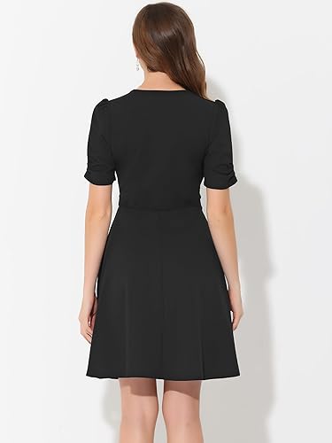 Miniatura 3 de Allegra K Elegante vestido de manga abombada para mujer, cuello en V, vestido de trabajo de oficina