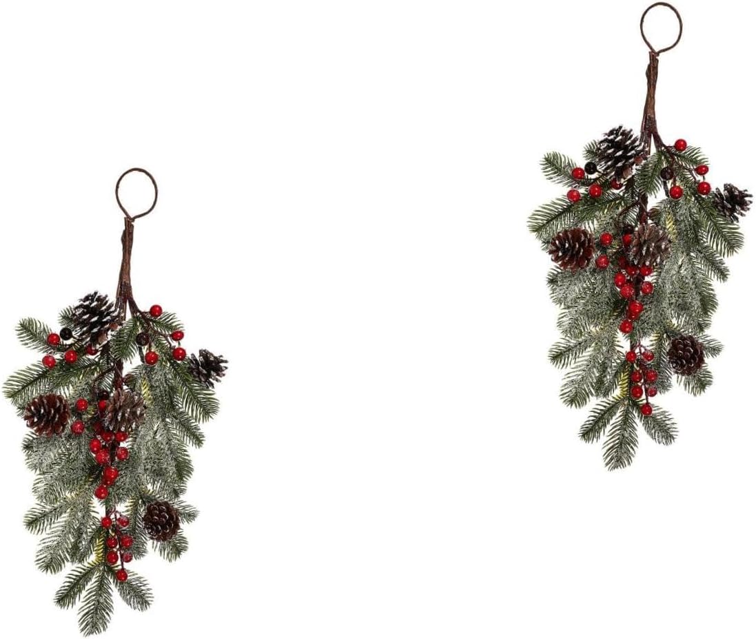 PRETYZOOM 2pcs Christmas Teardrop Swag, 21.7" Christmas Swags with Artificial Red Berries and Pinecone, Holiday Teardrop Pendant for Front Door Decoration