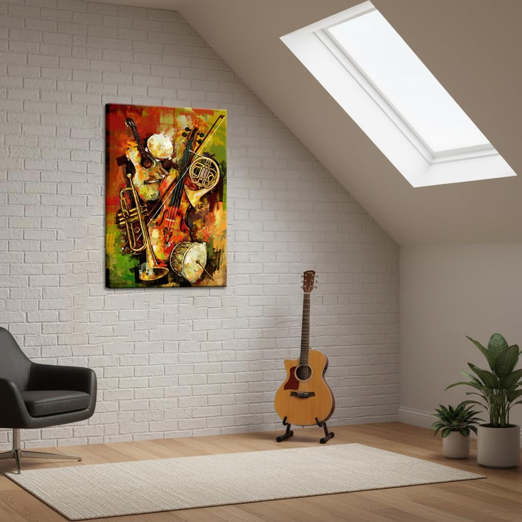 iHAPPYWALL Vintage Music Canvas Wall Art Abstract Guitar Drum Violin Colorful Musical Instruments Theme Picture for Bedroom Living Room Ready to Hang 24x36inch (Multi-color)