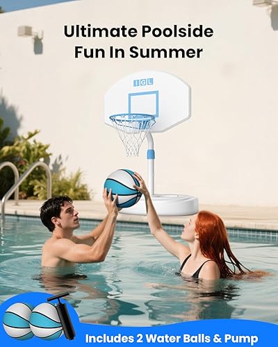 Miniatura 2 de IGL Aro de baloncesto junto a la piscina, aro de baloncesto para piscina con tablero trasero de 28 pulgadas, ajuste de altura, portería de