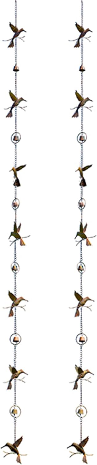 BestNest Ancient Graffiti Hummingbird & Bell Rain Chains, Pack of 2 Steel Decorative Downspout Alternatives, Flamed Copper Finish, Gutter Clip Included, 92” H Each