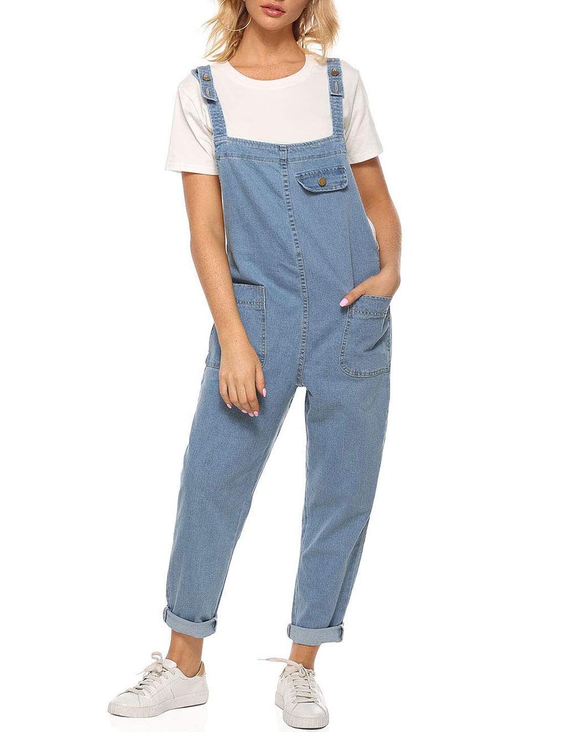 Sukany Lässiger Damen-Jeans-Overall, lockere Latzhose, Harems-Jumpsuit, Hose, hellblau, XXL
