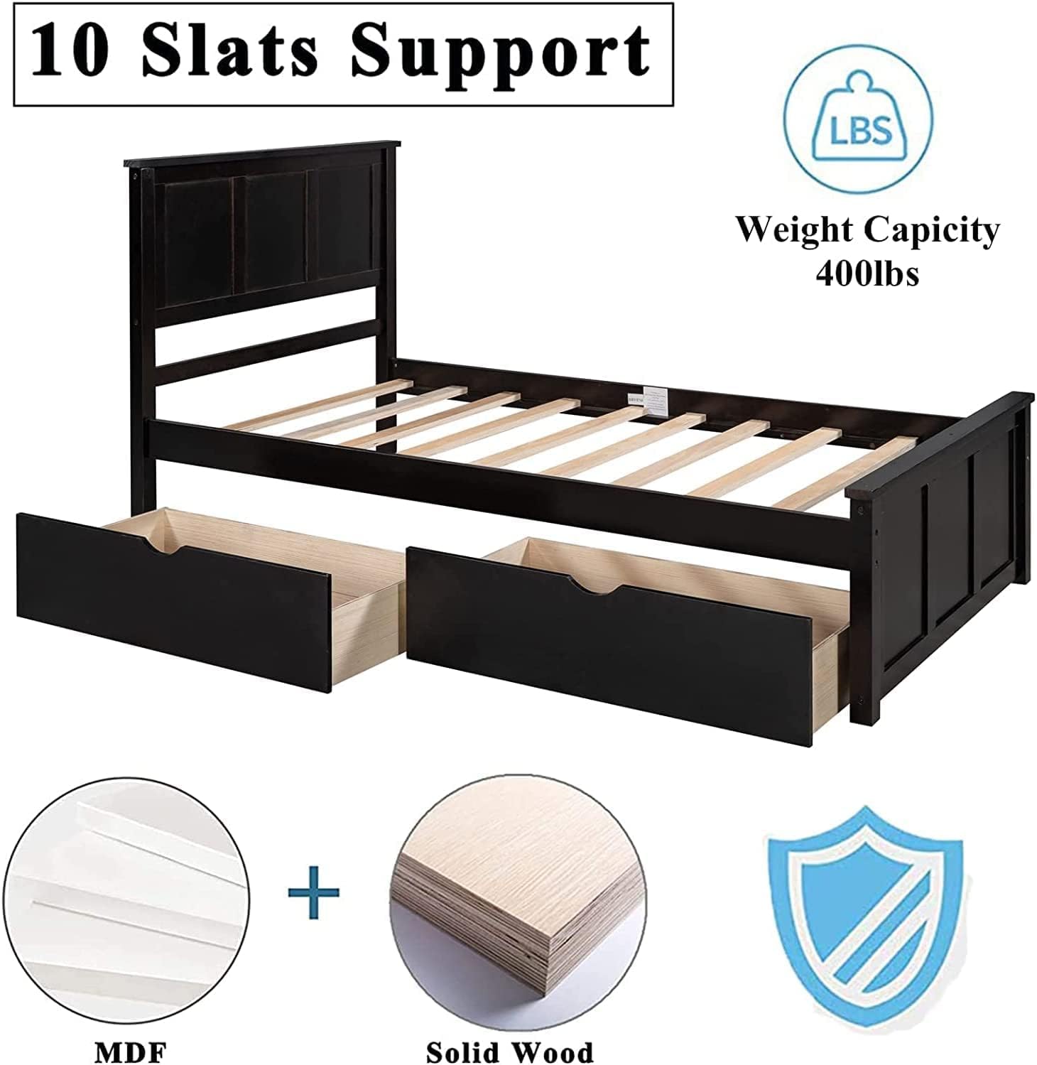 CITYLIGHT Twin Bed Frame with Drawers , Kids Frame, Wood Platform Headboard Storage ,No Box Spring Needed ,Espresso
