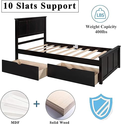 Miniatura 7 de CITYLIGHT Base de cama individual con cajones, marco para niños, plataforma de madera, almacenamiento de cabecero, no necesita somier, color espresso