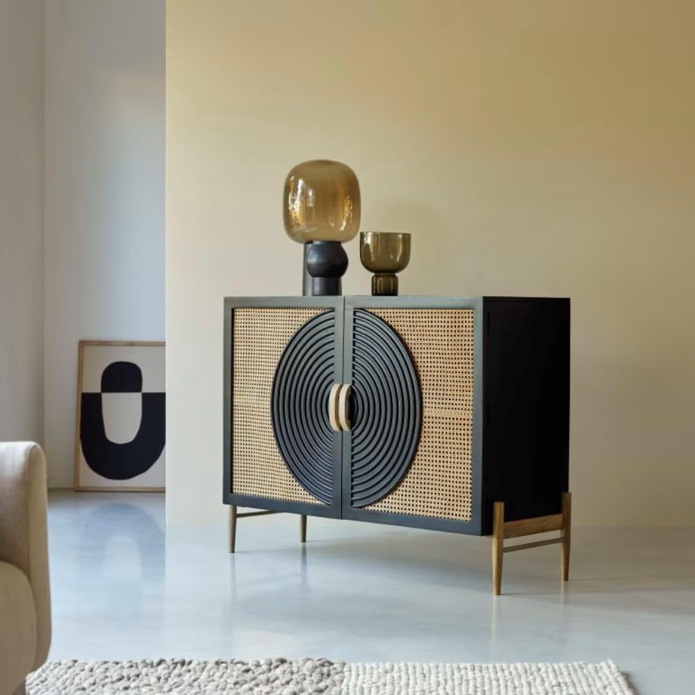 Suryavanshi Solid Mango Wood & Cane Sideboard for Living Room | Handcrafted Cabinet with Carved Circular Doors | Dark Walnur Finish Buffet Table | Modern Wooden Storage Unit – 114 cm (Dark Walnut)-picture-12