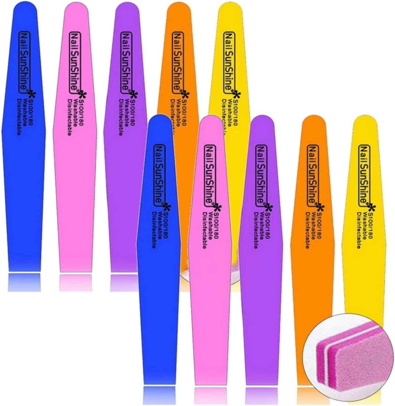 10Pcs Mix Kleur Sunshine Nagelvijl Spons Diamant Nail Buffer Bestand Wasbaar 100/180 Nail Buffer Voor Nail Finger Polish