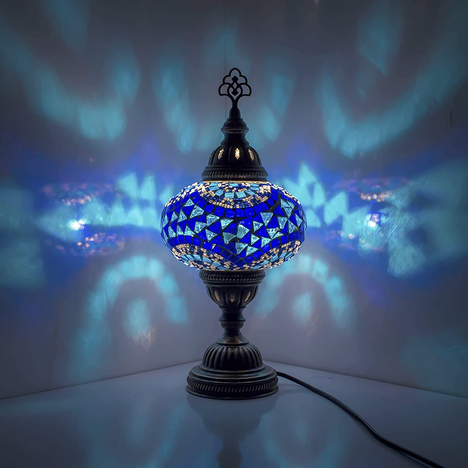ENVA Turkish Moroccan Style Mosaic Multicoloured Desk Table Lamp, Bronze Base, Unique Light Large Globe (3005)